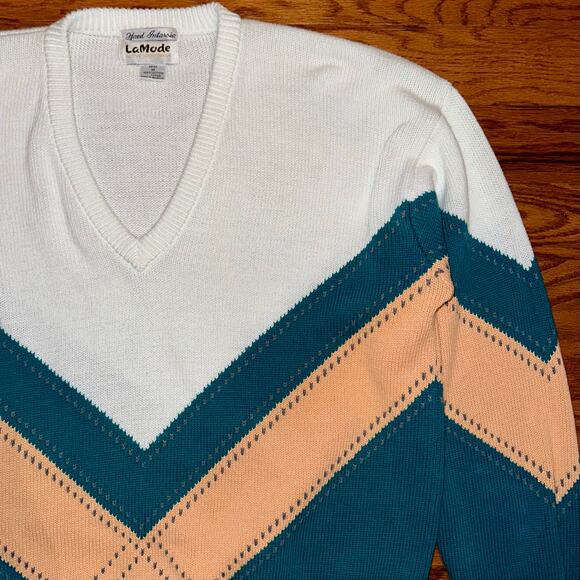 Vintage 80s La Mode Hand Knit Mens Sweater Size Medium - Picture 8 of 11